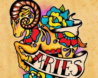 Zodiac Old School Tattoo Art ARIES Ram Astrology Print 5 x 7, 8 x 10 or 11 x 14