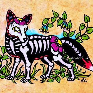 Day of the Dead FOX Dia de los Muertos Art Print 5 x 7, 8 x 10 or 11 x 14