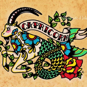 Zodiac Tattoo Art CAPRICORN Goat Astrology Print 5 x 7, 8 x 10 or 11 x 14