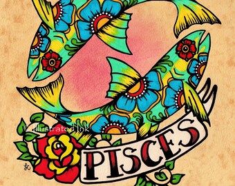 PISCES Zodiac Print Tattoo Art Fish Astrology Sign 5 x 7, 8 x 10 or 11 x 14