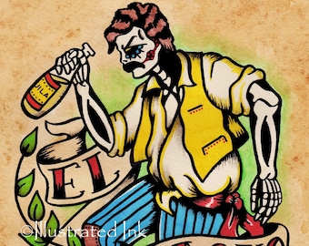 Day of the Dead Tattoo Art EL BORRACHO Loteria Print 5 x 7, 8 x 10 or 11 x 14