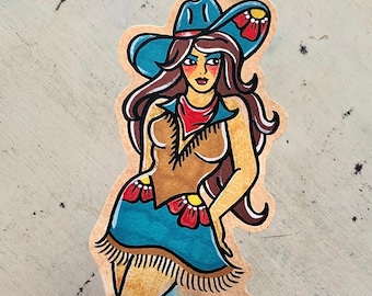 Traditional Tattoo Cowgirl Pinup Sticker, Texas Vinyl Sticker Decal, Old West Cowboy Pin-Up Laptop Sticker, Western Old School Tattoo Art