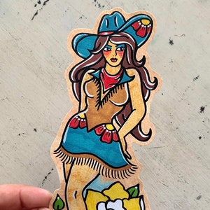 Traditional Tattoo Cowgirl Pinup Sticker, Texas Vinyl Sticker Decal, Old West Cowboy Pin-Up Laptop Sticker, Western Old School Tattoo Art image 1