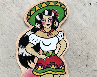 Traditional Tattoo Mexican Pinup Sticker, Sombrero Vinyl Sticker Decal, Hispanic Latina Pin-Up Laptop Sticker, Spanish Old School Tattoo Art