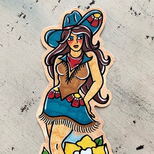 Traditional Tattoo Cowgirl Pinup Sticker, Texas Vinyl Sticker Decal, Old West Cowboy Pin-Up Laptop Sticker, Western Old School Tattoo Art image 2