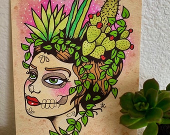 Day of the Dead Sugar Skull Art Cactus Tattoo Design - Nopales Garden Desert Moon Print 5 x 7, 8 x 10 or 11 x 14