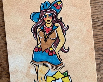 Cowgirl Pinup American Traditional Tattoo Art Print 5 x 7, 8 x 10, 11 x 14