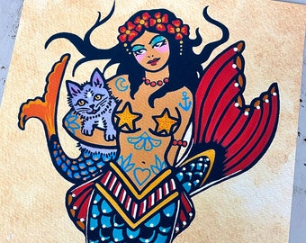 Traditional Tattoo Mermaid and Purrmaid Cat Art Print Mercat Design 5x7, 8 x 10, or 11 x 14