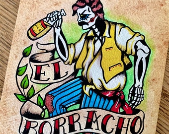 Day of the Dead El BORRACHO Loteria Tattoo Art Print 5 x 7, 8 x 10 or 11 x 14