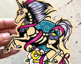 Day of the Dead Unicorn Sticker, Vinyl Sticker Decal, Dia de los Muertos Laptop Sticker, Unicorn Tattoo Art