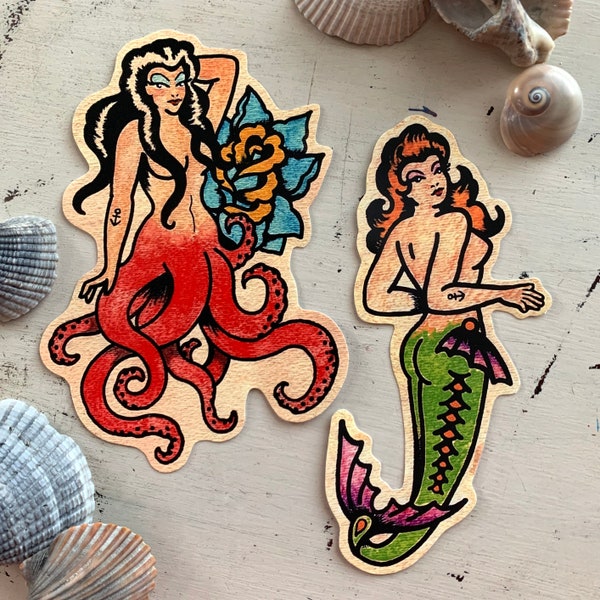 Traditional Tattoo Mermaid Sticker, Octopus Vinyl Sticker Decal, Mermaid Pinup Laptop Sticker, Old School Mermaid Tattoo Art