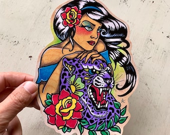 Traditional Tattoo Jaguar Sticker, Old School Tattoo Vinyl Sticker Decal, Jaguar Laptop Sticker, Jungle Cat and Girl Tattoo Art