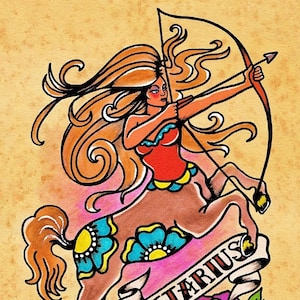 Arte del tatuaje del zodiaco de la vieja escuela Impresión astrológica del arquero SAGITARIO de 5 x 7, 8 x 10 o 11 x 14