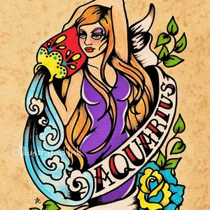 AQUARIUS Zodiac Print Tattoo Art Astrology Sign 5 x 7, 8 x 10 or 11 x 14