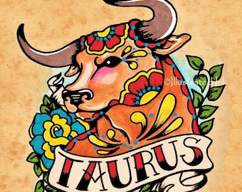 May include: A colorful illustration of a bull with floral patterns and the word "TAURUS" in a banner. The bull is brown with red, yellow, and blue flowers. The background is a vintage-style parchment.
