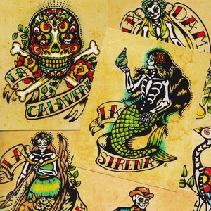 Arte do Dia dos Mortos CARTÕES POSTAIS Arte de tatuagem da Loteria Mexicana - Conjunto de 8 designs