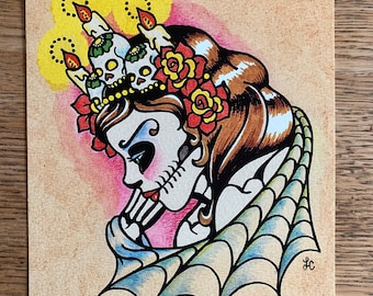 Day of the Dead Art Sugar Skull Girl w/ Flower Garland Altar Candles Headdress - Spiderweb Tattoo Design 5 x 7, 8 x 10 or 11 x 14 Print