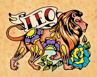 May include: A colorful tattoo-style illustration of a lion with a banner that reads "LEO". The lion is decorated with yellow, orange, purple, and blue flowers. The background is a light brown.