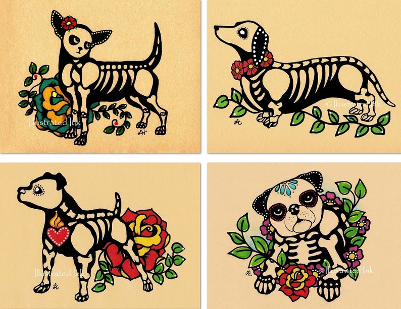 Day of the Dead POSTCARDS Dogs Skeleton Pets Set of 4 Etsy