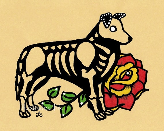 Day of the Dead Dog BORDER COLLIE Dia de los Muertos Art Print 5 x 7, 8 x 10 or 11 x 14 - Choose your own words - Shelter Donation