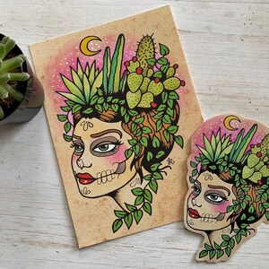 Day of the Dead Sugar Skull Nopales Sticker Decal, Cactus Vinyl Sticker Laptop Decal, Desert Moon Cactus Tattoo Art image 6