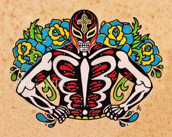 Day of the Dead LUCHADOR Wrestler Tattoo Art Lucha Libre Mask Print 5 x 7, 8 x 10 or 11 x 14 - Rey Mysterio Inspired