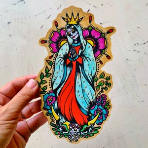 Day of the Dead Virgen de Guadalupe Sticker, Vinyl Sticker Decal, Dia de los Muertos Laptop Sticker, Virgin Mary Tattoo Art