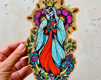Day of the Dead Virgen de Guadalupe Sticker, Vinyl Sticker Decal, Dia de los Muertos Laptop Sticker, Virgin Mary Tattoo Art