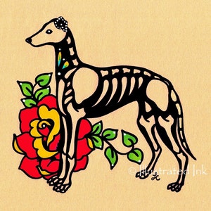 Día de los Muertos Perro GALGO o WHIPPET Impresión artística del Día de los Muertos 5 x 7, 8 x 10 o 11 x 14 - Elija sus propias palabras - Donación al refugio