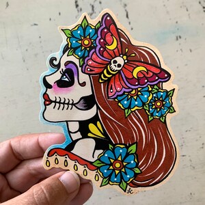 Day of the Dead Girl Moth Garland Decal Sticker, Dia de los Muertos Laptop Vinyl Sticker, Sugar Skull Tattoo Art image 2