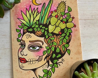 Day of the Dead Sugar Skull Art Cactus Tattoo Design - Nopales Garden Desert Moon Print 5 x 7, 8 x 10 or 11 x 14