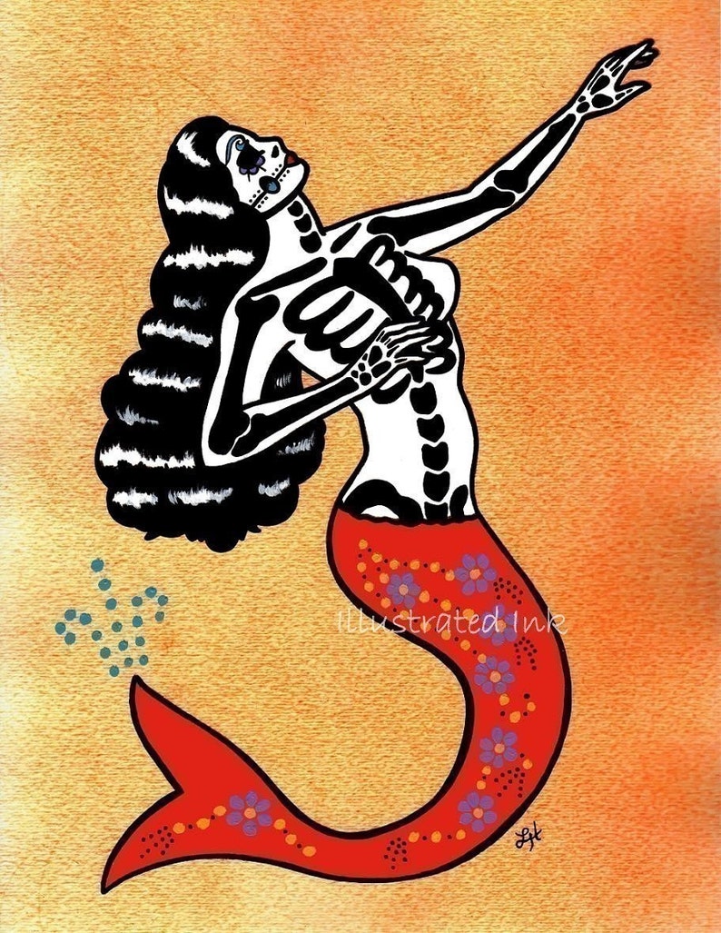 LA SIRENA Day of the Dead Art Mermaid Loteria Print 5 x 7, 8 x 10 or 11 x 14 image 1