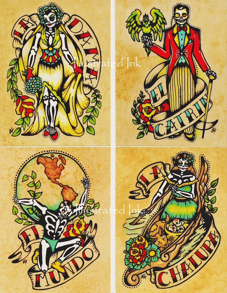 Set of 8 Designs Day of the Dead Art POSTCARDS Mexican Loteria Tattoo Art