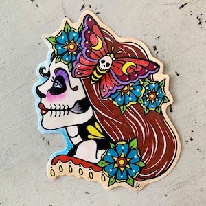 Day of the Dead Girl Moth Garland Decal Sticker, Dia de los Muertos Laptop Vinyl Sticker, Sugar Skull Tattoo Art image 1