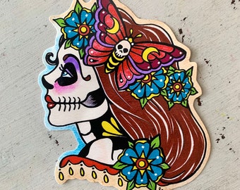 Day of the Dead Girl Moth Garland Decal Sticker, Dia de los Muertos Laptop Vinyl Sticker, Sugar Skull Tattoo Art