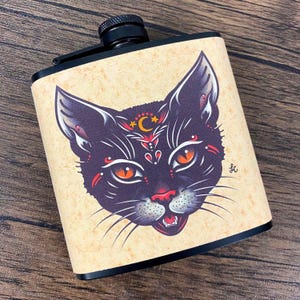 Black Cat Tattoo Flask - Traditional Tattoo Witch Art Moon Stars - 6 Oz Stainless Steel Flask with Funnel - Halloween Flask - Gothic Flask