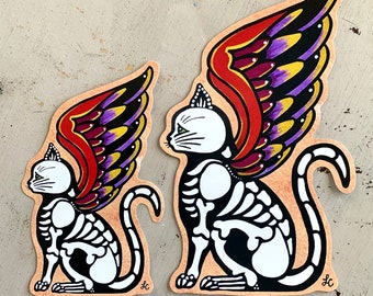 Day of the Dead CAT with Wings Decal Sticker, Angel Cat Vinyl Sticker Laptop, Cat Tattoo Art