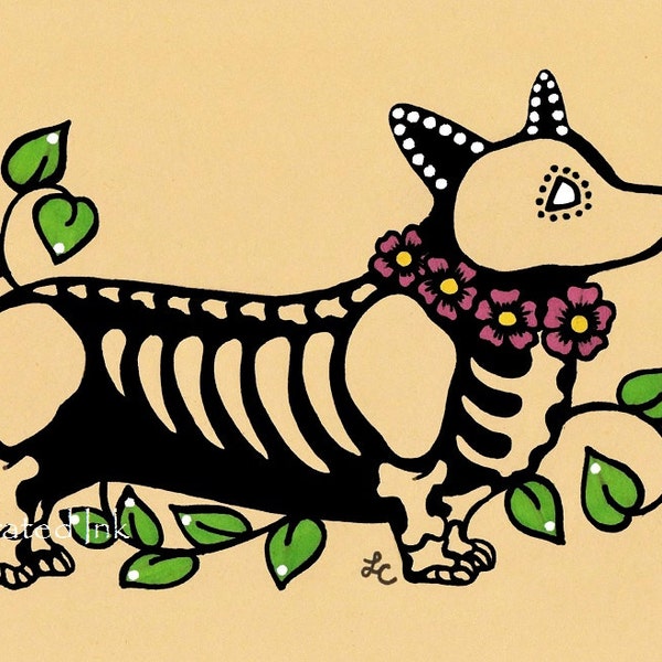 Day of the Dead CORGI Dog Dia de los Muertos Art Print 5 x 7, 8 x 10 of 11 x 14 - Kies je eigen woorden - Donatie aan Austin Pets Alive