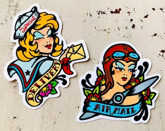 AIRMAIL & SPECIAL DELIVERY Vinyl Sticker Label for Letter Envelope Mail - Traditional Tattoo Pilot Air Force Girl and Sailor Girl Navy Pinup