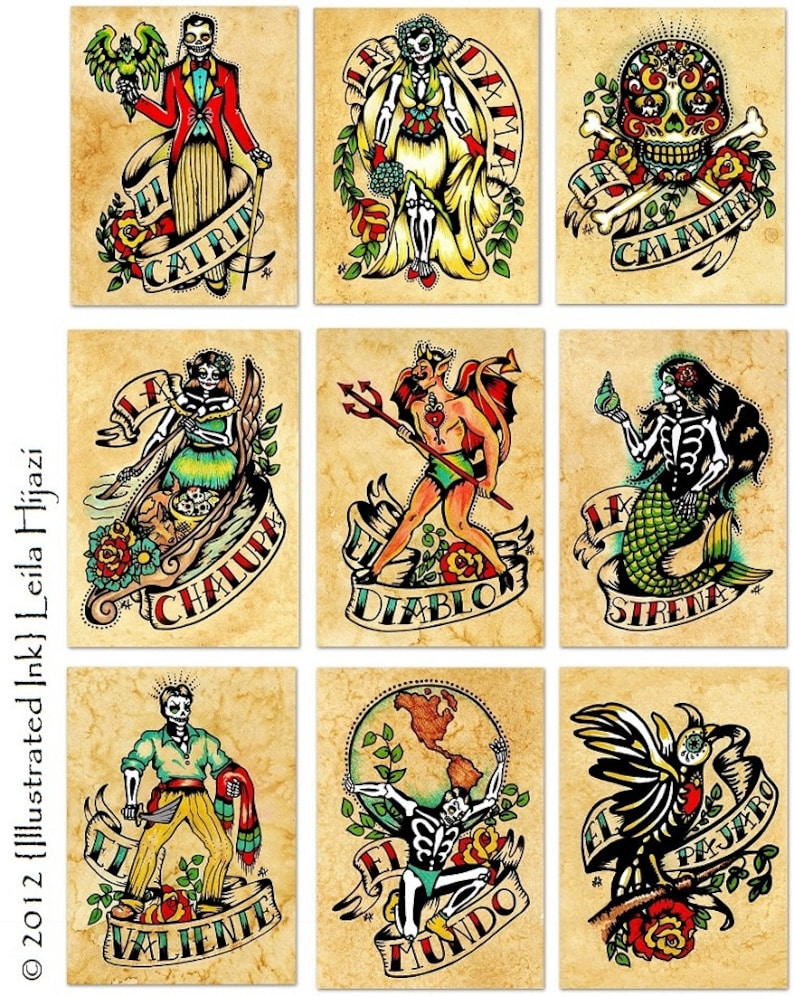 Day of the Dead Tattoo Art EL VALIENTE Loteria Print 5 x 7, 8 x 10 or 11 x 14 image 4