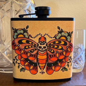 Death Moth Flask Traditional Tattoo Art 6 Oz, Black, Stainless Steel with Funnel