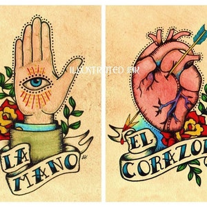 Old School Tattoo Art Prints Mexican Loteria SET of 9 Designs 5 x 7, 8 x 10 or 11 x 14 image 3