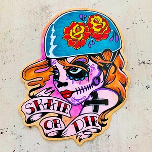 Roller Derby Sticker, Vinyl Sticker Decal, Day of the Dead Derby Girl Laptop Sticker, Roller Derby Tattoo Art, Skate or Die image 2