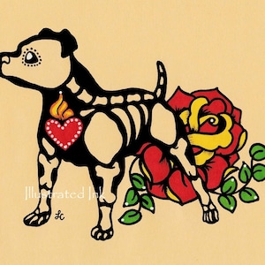 Day of the Dead PIT BULL Dog Dia de los Muertos Art Print 5 x 7, 8 x 10 or 11 x 14 - Choose your own words - Donation to Austin Pets Alive