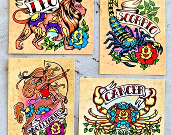 Zodiac POSTCARD Tattoo Art Birthday Postcard - Gemini, Scorpio, Taurus, Cancer, Leo, Capricorn, Pisces, Sagittarius, Virgo, Libra, Aries