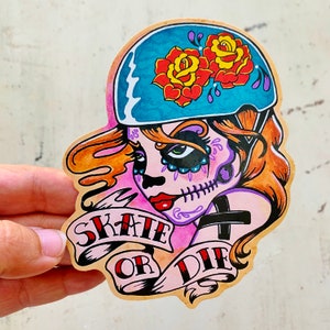 Roller Derby Sticker, Vinyl Sticker Decal, Day of the Dead Derby Girl Laptop Sticker, Roller Derby Tattoo Art, Skate or Die image 1