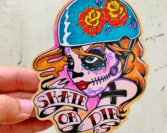 Roller Derby Sticker, Vinyl Sticker Decal, Day of the Dead Derby Girl Laptop Sticker, Roller Derby Tattoo Art, Skate or Die