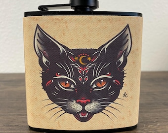 Black Cat Flask - Traditional Tattoo Cat Art  - 6 Oz Stainless Steel Flask with Funnel