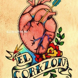 Stary tatuaż szkolny serce EL CORAZON loteria wydruk 5 x 7, 8 x 10 lub 11 x 14