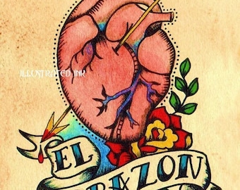 Old School Tattoo Heart EL CORAZON Loteria Print 5 x 7, 8 x 10 or 11 x 14